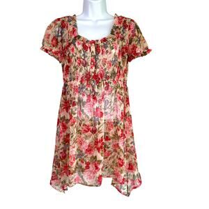 CRISTINA Babydoll Sheer‎ Floral Smocked Dress Tunic Size S Cottage Y2K Coquette